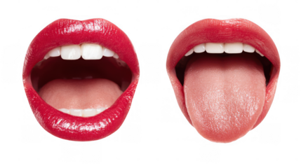 Close up of glossy red lips slightly open, revealing white teeth and tongue, isolated on a transparent background, creating a striking image of beauty and sensuality