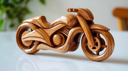Intricately carved wooden motorcycle, showcasing detail and craftsmanship on a white surface