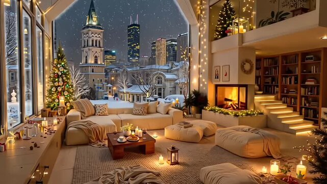 A cozy living room with Christmas tree, fireplace, and snowy city view featuring a church tower, perfect for warm holiday ambiance.