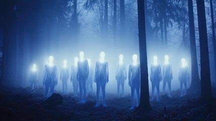 Eerie forest scene. Figures with glowing heads stand in a foggy, blue-lit woodland at night
