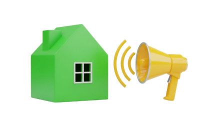 Green toy house and yellow megaphone isolated PNG, home security concept for real estate marketing and neighborhood watch programs