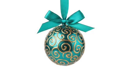 Teal Christmas ornament with gold swirls isolated PNG, festive holiday decoration for seasonal...