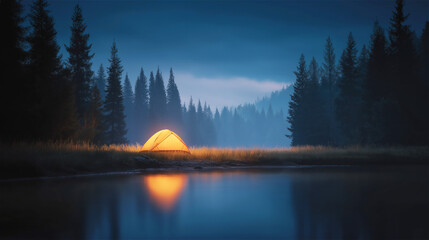 Glowing camping tent by a quiet lake at night with forest silhouettes and mountain backdrop, reflection on water, atmospheric outdoor adventure and relaxation concept with copy space.