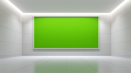 Empty white interior room with large green screen panel on wall, futuristic lighting and clean perspective. Minimal mockup background for advertising, video production, and presentations.
