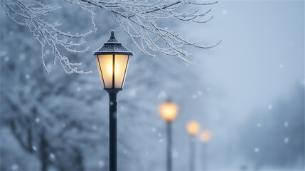 Snowy winter street with glowing lamps and frosted trees fading into blur. Atmospheric cold weather background with copy space, perfect for holiday, seasonal, or cozy themes.