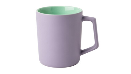 Lilac mug with green interior isolated PNG on transparent background, modern ceramic cup for coffee or tea, kitchenware