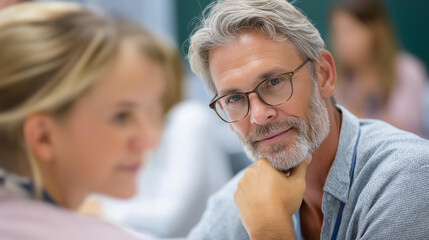 Faceless dynamic STEM education workshop with expert educator and engaged teachers sharing knowledge through hands-on activities, professional development, defocused educators, wit