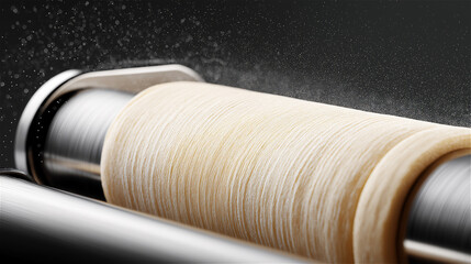 Close-up of fabric or thread wound on an industrial spool machine, textile manufacturing and production concept showing material texture, craftsmanship, and factory technology background.