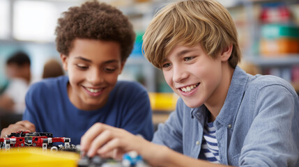 Faceless two students focused on assembling robotics project in classroom, collaborating and smiling indicating positive learning environment during afternoon hours, defocused youn