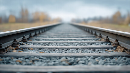 Railway tracks stretching into the distance with shallow depth of field, symbolizing travel, transportation, logistics, direction, and infrastructure with atmospheric outdoor copy space.