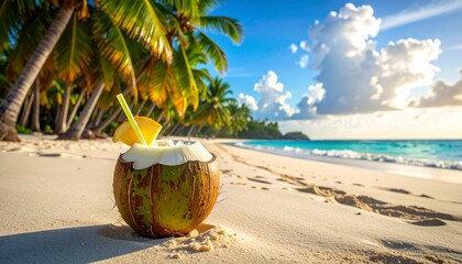Coconut Water in Fresh Coconut by the Beach
