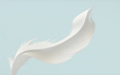 Obraz premium A single soft white feather gently floating on a light blue background