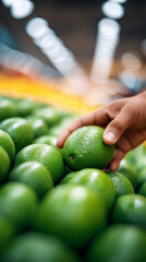 Hand selecting ripe avocados from a market display, sustainable food and supermarket shopping concept highlighting fresh produce, plant-based nutrition, and everyday consumer choice.