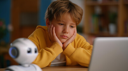 Faceless boy male teen child concentrate enjoy machine learning robot moving under control, robot coding at technology STEM class, education for digital automation artificial intel