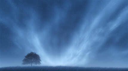 Solitary tree silhouette in a vast blue landscape beneath dramatic light rays and mist, evocative nature background suggesting solitude, hope, and atmospheric weather with copy space.