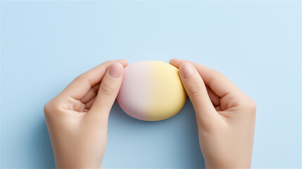 Hands gently holding a single egg on pastel blue background, minimal flat lay representing fragility, care, nutrition, and simple food concept with copy space.