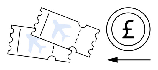 Airfare payment concept. Plane tickets and British pound symbol demonstrate airfare transactions. Airfare cost management and global travel insights. For travel, finance, booking systems, budgeting