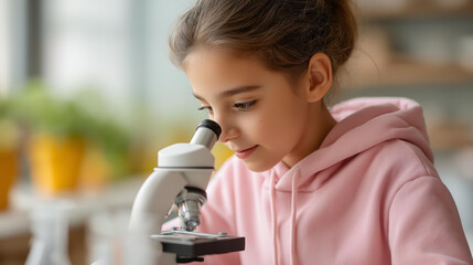 Faceless girl student using microscope in classroom, youth scientific investigation, biology education activity, laboratory learning experience, defocused young person observing, w