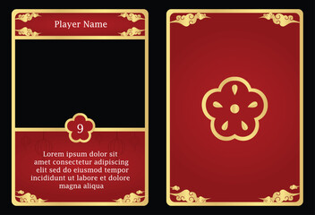 Chinese theme game UI player profile card template. Futuristic red design with cloud and flower ornament . Ideal for RPG, fantasy games, and mobile apps