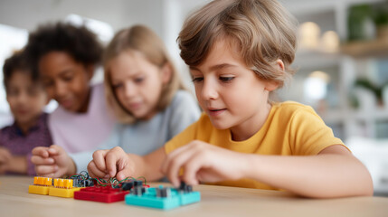 Faceless educational setup with children learning to build circuit boards, STEM education hands-on engaging activity, electronics learning, youth technology project, defocused youn