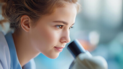 Faceless closeup profile girl student using microscope conducting scientific experiment, youth laboratory work, biology education, science investigation activity, defocused young p
