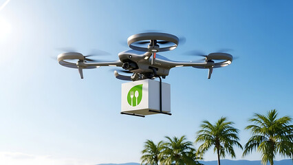 Drone delivering eco-friendly meal package with green leaf logo