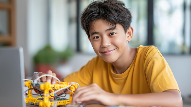 Faceless Asian teenager doing robot arm homework project in house, technology of robotics programming and STEM education concept, home learning activity, defocused young person, wi