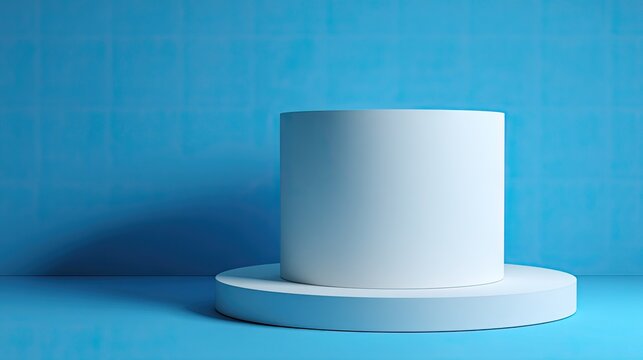 Modern minimalist blue cylindrical podium for product showcase - Powered by Adobe