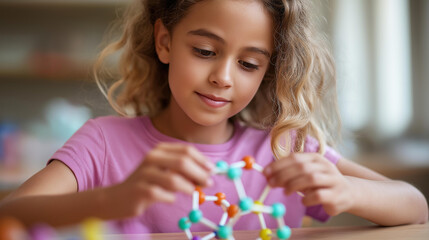 Fototapeta premium Faceless curious child building molecular model in science class, STEM education chemistry learning, structural biology activity, youth scientific construction, defocused young per