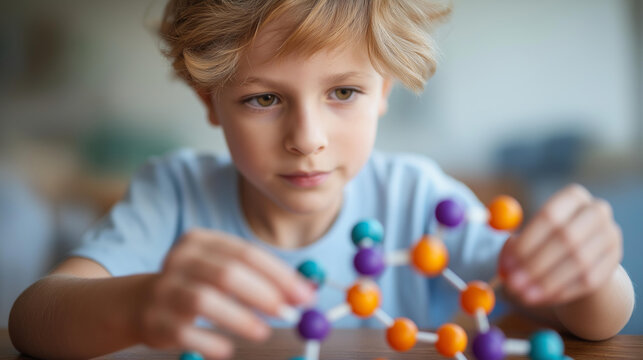 Faceless curious child building molecular model in science class, STEM education chemistry learning, structural biology activity, youth scientific construction, defocused young per