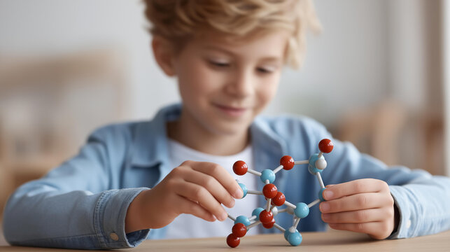 Faceless curious child building molecular model in science class, STEM education chemistry learning, structural biology activity, youth scientific construction, defocused young per