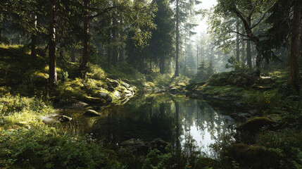 A tranquil view of a serene pond nestled within a dense forest. The lush greenery and sunlight create a sense of calm and the water's reflection mirrors the beauty of nature