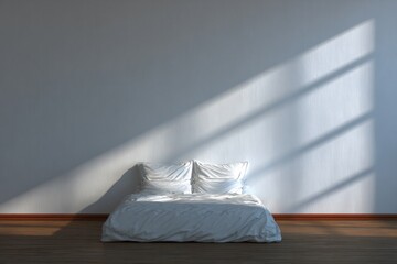 Minimalist bedroom setting features white bedding illuminated by diagonal streaks of sunlight across a plain wall