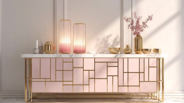Modern sideboard with geometric pattern and decorative items, luxury interior design element, stylish home furniture, contemporary decor, elegant living space, sophisticated interior