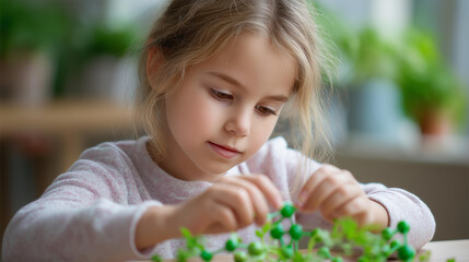 Faceless young girl engaged in science with plants and molecular models, biology education, botany and chemistry learning, scientific exploration activity, defocused young student,