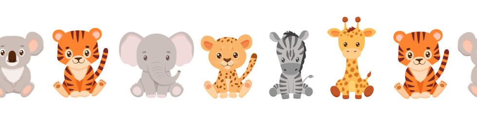 Obraz premium Seamless border with cute safari animals. Childish endless pattern isolated on white background