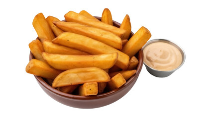 Golden French fries in bowl isolated PNG, crispy potato wedges with dipping sauce on transparent background, fast food snack