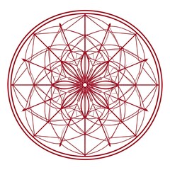 Red circle filled with geometric flower-like patterns and intersecting lines, creating a symmetrical design