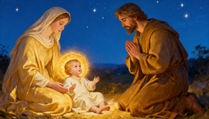 The Holy Family with the infant Jesus Christ under a starry night sky. Mary and Joseph adoring the baby Jesus with a divine halo. A classic religious painting of the Nativity scene for Christmas