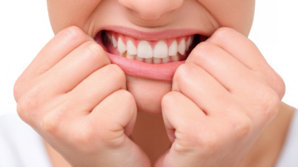 Close up of a man experiencing intense teeth and jaw pain, touching his chin with his hands, isolated on a transparent background, potentially indicating a dental emergency or bruxism