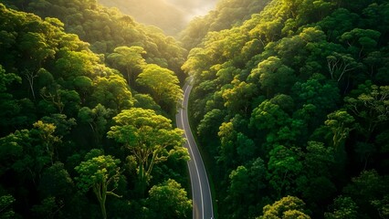 Aerial view of a serene waterfall flowing through a dense lush forest with sunlight filtering through the trees