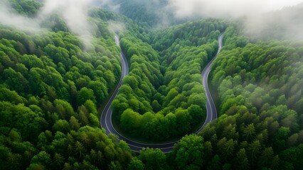 Aerial view of lush forest with winding road