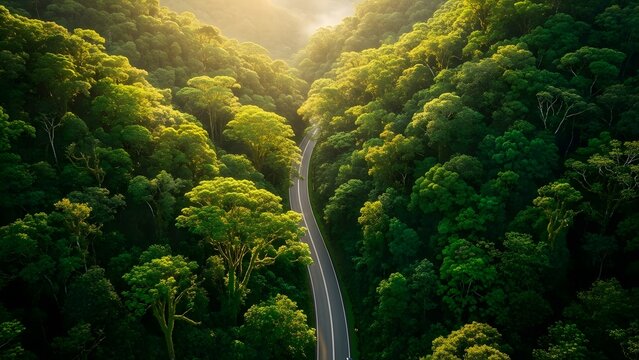 Aerial view of a serene waterfall flowing through a dense lush forest with sunlight filtering through the trees - Powered by Adobe