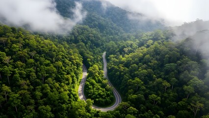 Aerial view of a winding road through a lush green forest with misty mountains