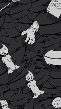 Haunting Halloween Motif Featuring Graves And Bones, Spinechilling Skeletal Pattern With Candles And Tombstones In Dark Theme