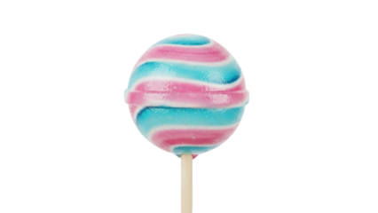 Swirled lollipop PNG isolated on transparent background, colorful candy with pink and blue stripes for party favors and sweet treats