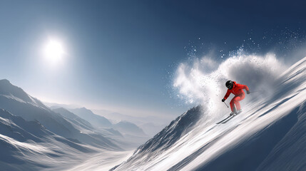 Skier carving fast turn on bright snowy slope with explosive powder wave. Concept of winter sports advertising, alpine tourism materials and energetic action.