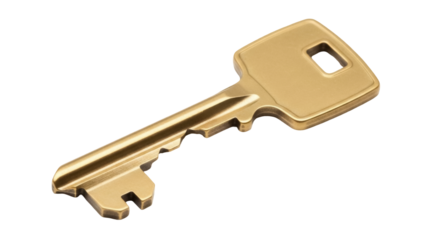 Gold-colored metal key isolated PNG on transparent background, security and access concept for design projects and presentations
