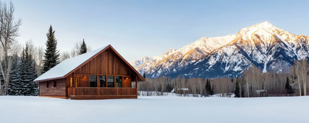 scenic wooden cabin surrounded by snow-covered ground and majestic mountains in the background, under a clear blue sky.