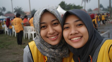 Indonesian youth volunteering at community event, warm interaction, friendly realism